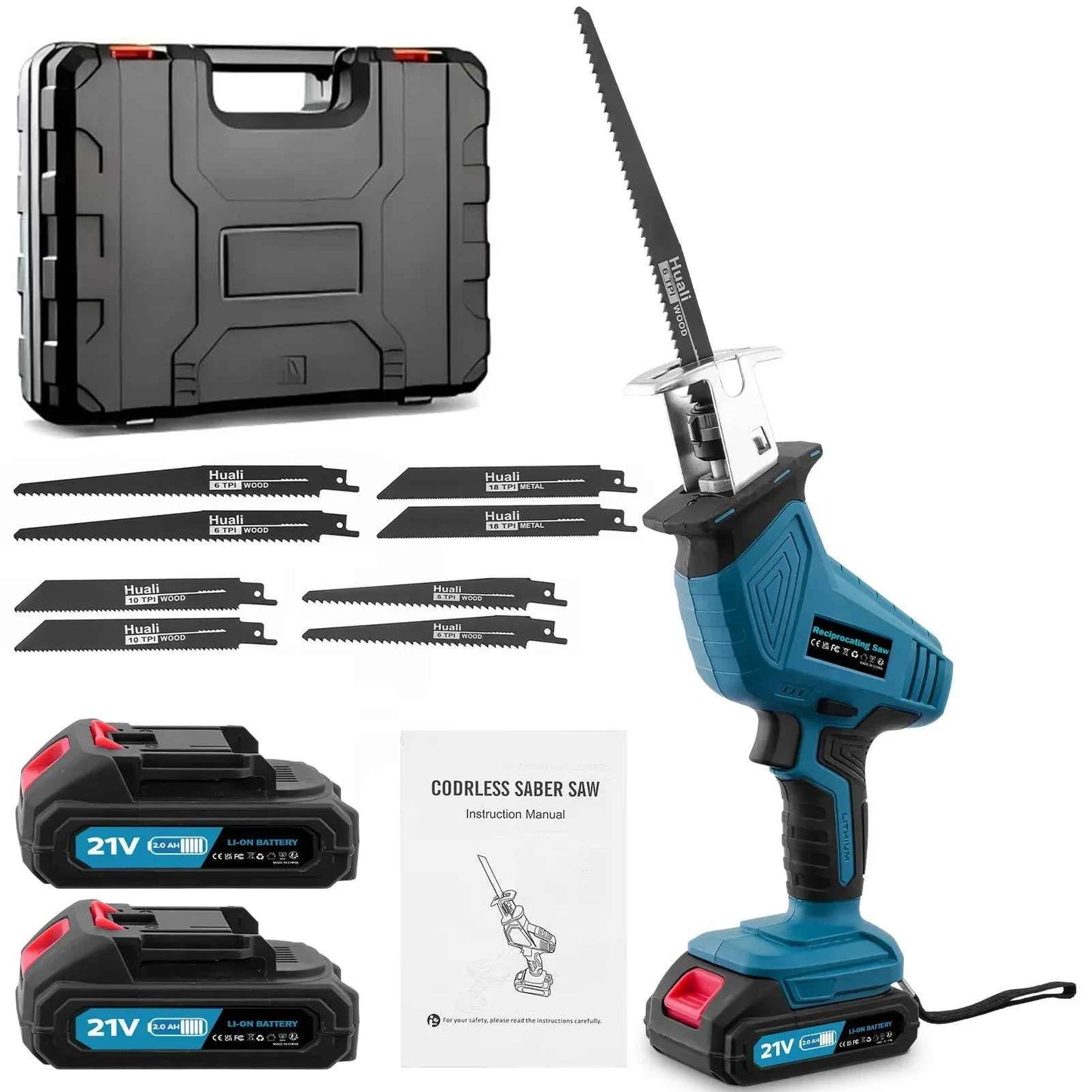 Scie Sabre sans fil bleue avec coffret et lames