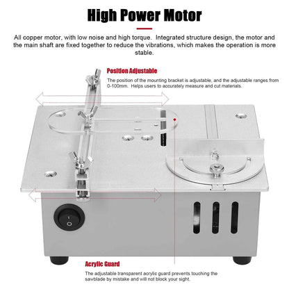 Scie Sur Table électrique mini argentée avec guide