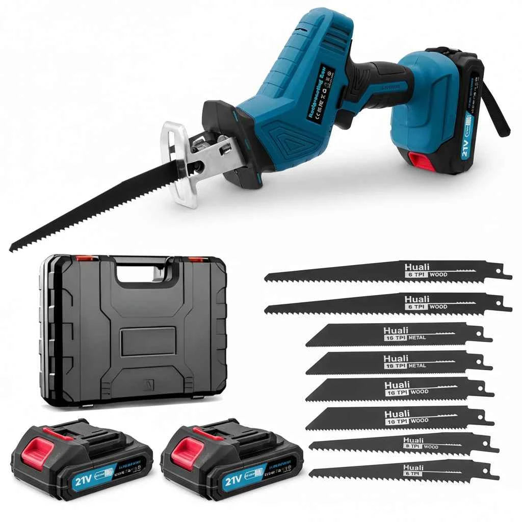 Scie Sabre sans fil bleue avec coffret et lames